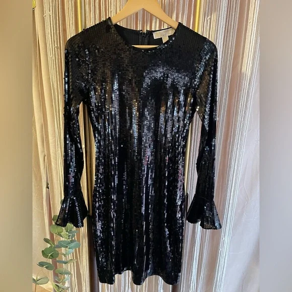 Michael Kors Black Sequin Dress XS bell sleeve cuff mini dress bodycon party - Picture 5 of 5